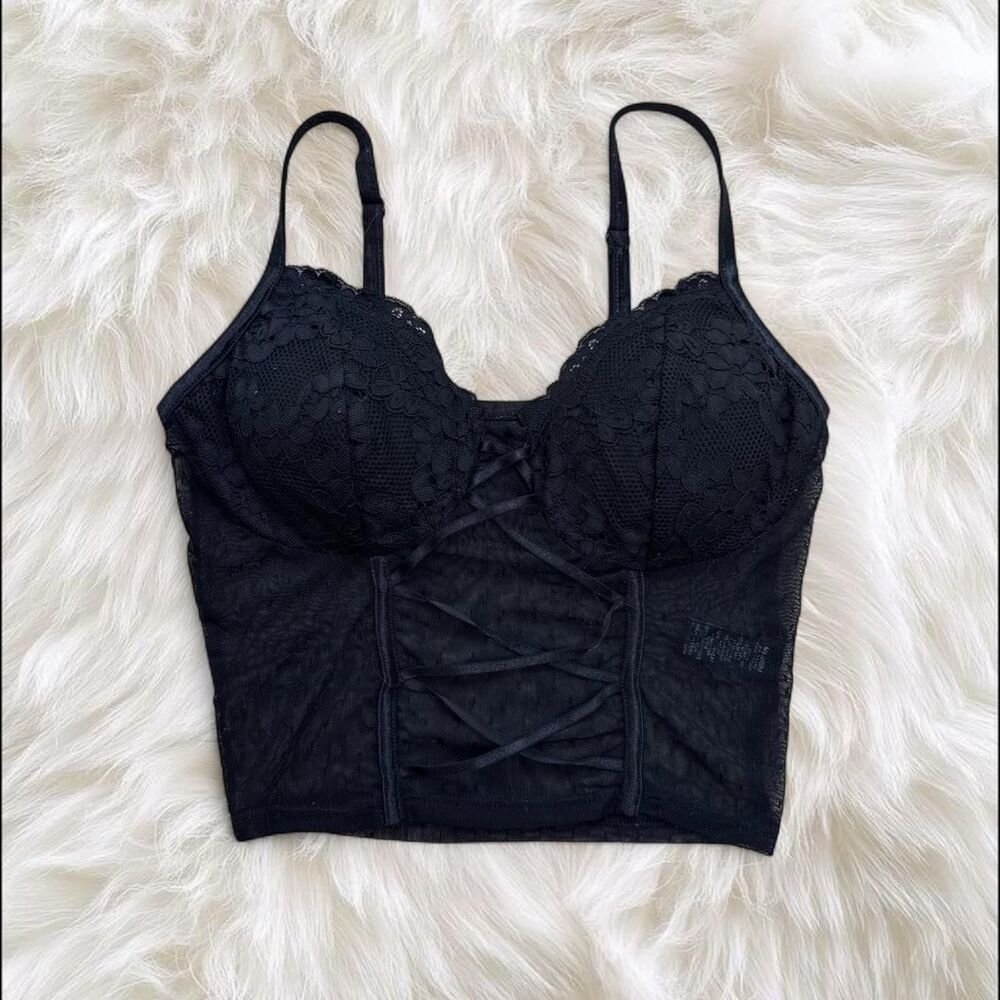 Fashion Nova Black Lace Mesh Corset Bustier Top Medium